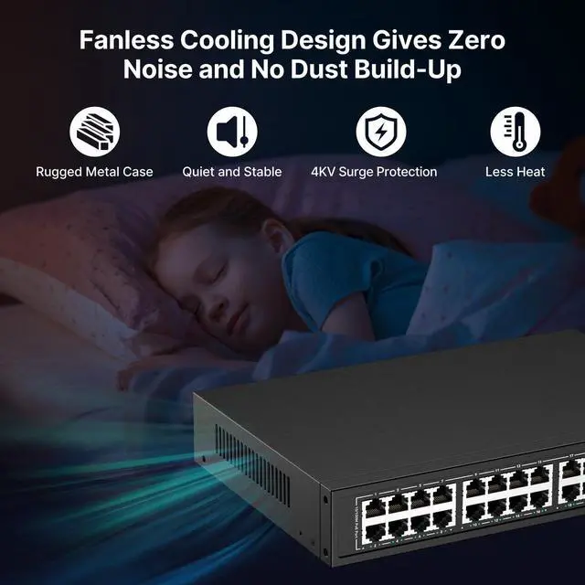 Alt view image 4 of 5 - 24 Port PoE Switch,10/100Mbps PoE+ Ethernet Switch Unmanaged with 2 Gigabit Uplink Ports, Up to 30W Per Port, Total Budget 280W, 802.3af/at Compliant, Fanless Silent, Rack Mount