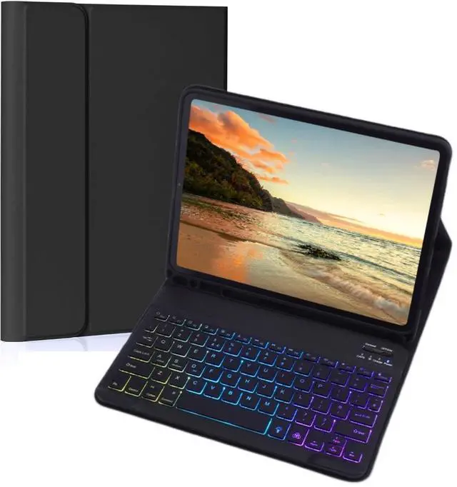Main image of NUWONAYA Keyboard Case for Amazon Fire HD 10/10 Plus 10.1 inch 2021/2023(11/13th Generation), Slim 7 Color Rainbow Backlight Detachable Magnetic Keyboard Cover with Pencil Holder (Black+Black)