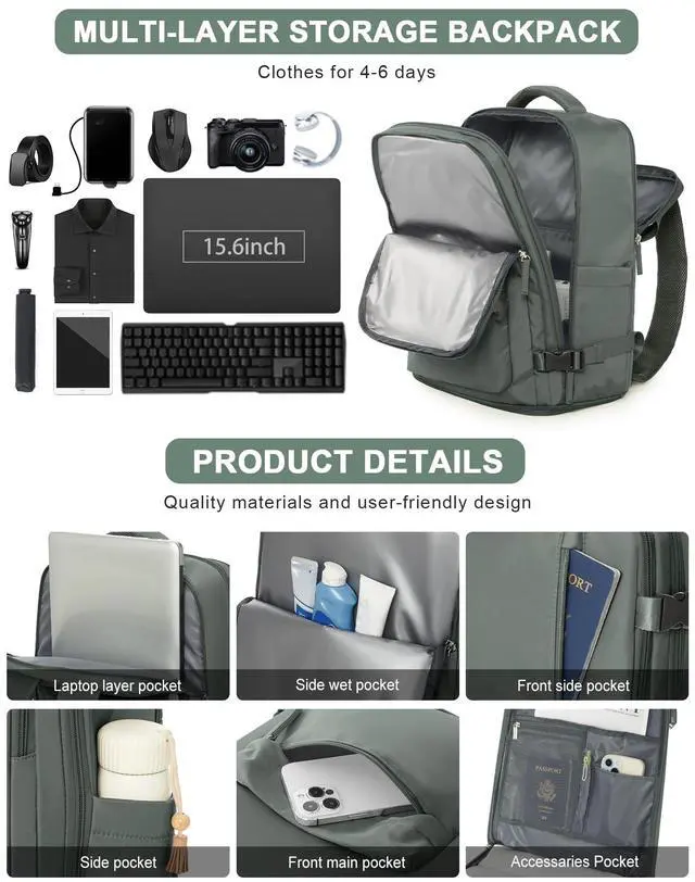 Alt view image 4 of 4 - VGCUB Large Travel Backpack with Vacuum System Carry on Personal Item Storage Compression Seal Bags for Clothing with Pump Work Business Vacpack Airback Laptop Backpack for Women Men Green