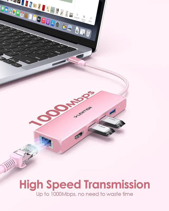 Alt view image 4 of 5 - LENTION USB C Hub with a Gigabit Ethernet Port, 4K HDMI Display, 3 USB-A USB 3.0 Ports for MacBook Pro, MacBook Air, Dell, Lenovo, HP Laptops and More, Stable Driver Certified (C25, Rose Gold)