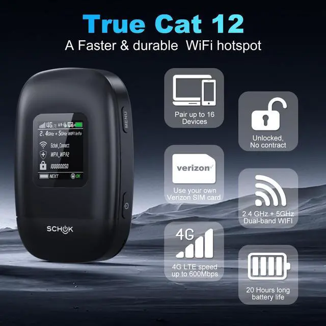 Alt view image 2 of 5 - SCHOK 4G LTE Mobile Hotspot - Cat 12 Portable WiFi for Travel, Dual Bands (2.4GHz/5GHz), 600Mbps Download High Speed, Supports 16 Connected Devices, Compatible with Verizon & its MVNOs ONLY
