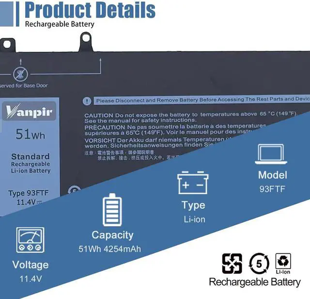 Alt view image 2 of 5 - VANPIR 51Wh 93FTF Battery for Dell Latitude 5280 5288 5480 5580 5590 5490 5290 5488 5491 E5280 E5288 E5480 E5580 E5490 E5590 E5290 E5491 Precision 3520 3530 M3520 M3530 Series D4CMT 83XPC 4YFVG DJWGP