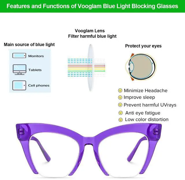 Alt view image 4 of 5 - VOOGLAM Blue Light Glasses for Women Cateye Semi Rim Gaming Glasses Anti Eyestrain Dry Eyes UV Computer Phone TV Eyewear Jacobien Purple GJGA483996-02 Trend