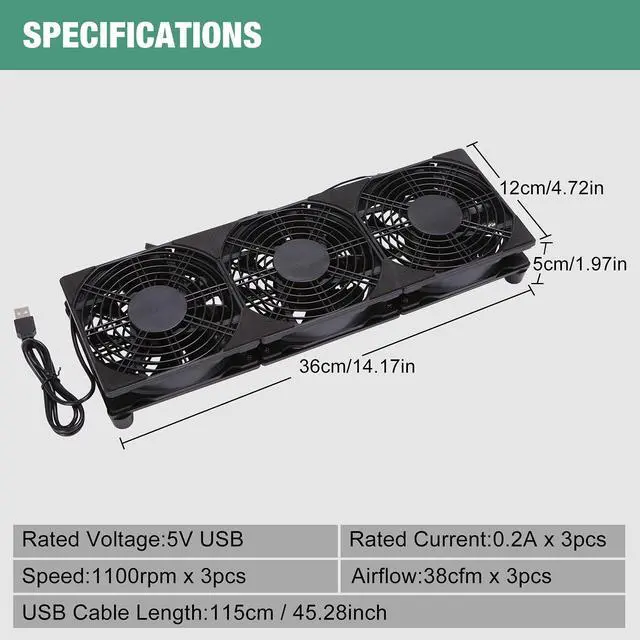 Alt view image 5 of 5 - 3x120mm 360mm USB Cooling Fan System for Router Rack, DIY Audio Video Network Cabinet & Server - 5V Quiet Operation Computer Racks, Equipment Workstation/Mining Machine/Laptop Cooling