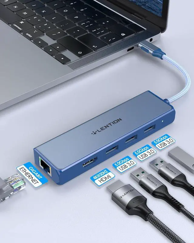 Alt view image 2 of 5 - LENTION USB C Hub with Gigabit Ethernet Port, 4K HDMI, 3 USB 3.0 Dongle for 2024-2016 MacBook Pro 13/14/15/16, New Mac Air & Surface, Chromebook, More, Stable Driver Certified (CB-C25, Blue)