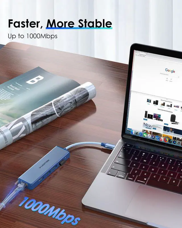 Alt view image 4 of 5 - LENTION USB C Hub with Gigabit Ethernet Port, 4K HDMI, 3 USB 3.0 Dongle for 2024-2016 MacBook Pro 13/14/15/16, New Mac Air & Surface, Chromebook, More, Stable Driver Certified (CB-C25, Blue)