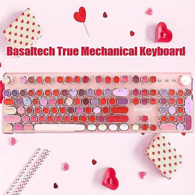 Alt view image 2 of 4 - Basaltech Pink Keyboard Typewriter Style with White LED Backlight,Vintage Mechanical Gaming Keyboards with Lipstick Round Keycaps, Blue Switches 104-Keys Wired Keyboard Metal Panel for Laptop/pc