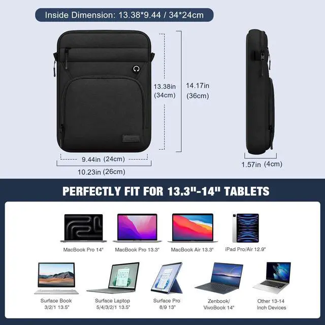 Alt view image 2 of 5 - MoKo 13-14 Inch Laptop Sleeve Bag, Fits MacBook Air 13/13.3/13.6 Inch M2/M3, MacBook Pro 13/14 Inch M1/M2/M3, Surface Pro 9/8 13", Multifunctional Bag with Shoulder and Headphone Port, Black