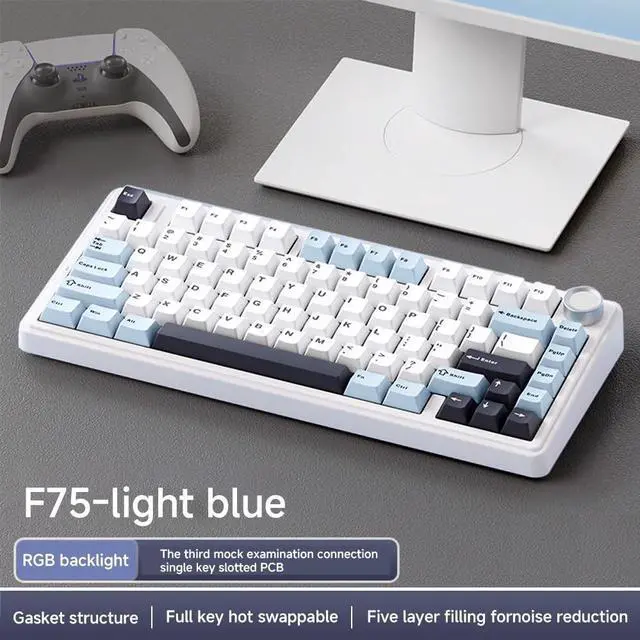 Alt view image 2 of 5 - Shaking Tank x Aula F75 Gasket Mechanical Keyboard, 75% Wireless Hot Swappable Gaming Keyboard with Five-Layer Padding&Knob, Bluetooth/2.4GHz/USB-C, RGB (Light Blue, Ice Vein Switch)