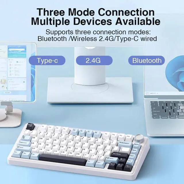 Alt view image 3 of 5 - Shaking Tank x Aula F75 Gasket Mechanical Keyboard, 75% Wireless Hot Swappable Gaming Keyboard with Five-Layer Padding&Knob, Bluetooth/2.4GHz/USB-C, RGB (Light Blue, Ice Vein Switch)