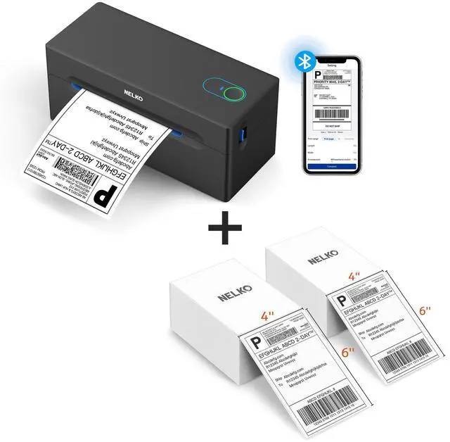 Main image of Nelko Bluetooth Thermal Shipping Label Printer AndNelko Genuine 4x6 Direct Thermal Shipping Label (Pack of 1000 Fan-Fold Labels)