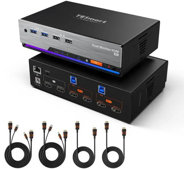 Main image of TESmart 8K@60Hz HDMI KVM Switch 2 Monitors 2 Computers USB 3.0, HDMI KVM Switch Dual Monitor 4K@144Hz for Gaming Dock, Support EDID, Gigabit Network, Hotkey Switch, Audio & Mic with All Input Cables