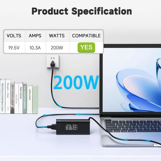 Alt view image 2 of 5 - 200W 19.5V 10.3A Laptop Charger Compatible with HP Omen 15 16 17 Inch Gaming 15-ax, 15-ce, 15-dc, 15-ek, 15-dh, 15-en, 16-b, 16-wd, 16-xd, 17-an, 17-cb, 17-w, TPN-CA03, TPN-DA10 Power Supply Cord