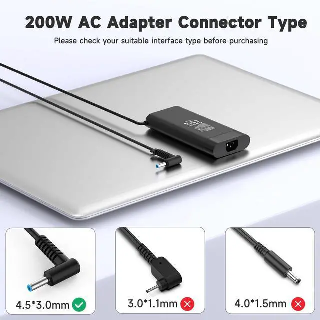 Alt view image 4 of 5 - 200W 19.5V 10.3A Laptop Charger Compatible with HP Omen 15 16 17 Inch Gaming 15-ax, 15-ce, 15-dc, 15-ek, 15-dh, 15-en, 16-b, 16-wd, 16-xd, 17-an, 17-cb, 17-w, TPN-CA03, TPN-DA10 Power Supply Cord