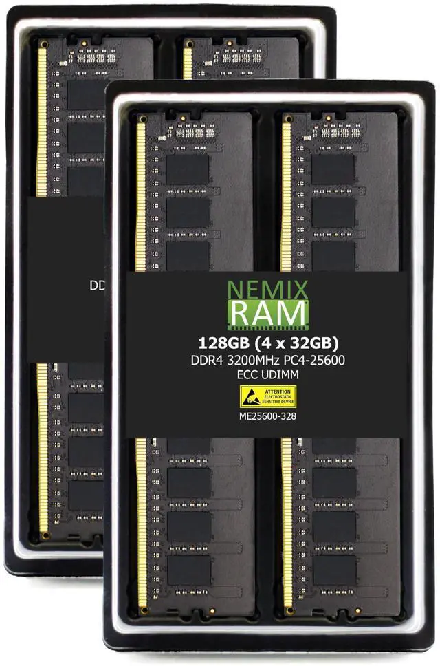 Main image of NEMIX RAM 128GB (4X32GB) DDR4 3200MHZ PC4-25600 2Rx8 1.2V CL22 288-PIN ECC Unbuffered UDIMM KIT Compatible with Dell PowerEdge R350 Rack Server
