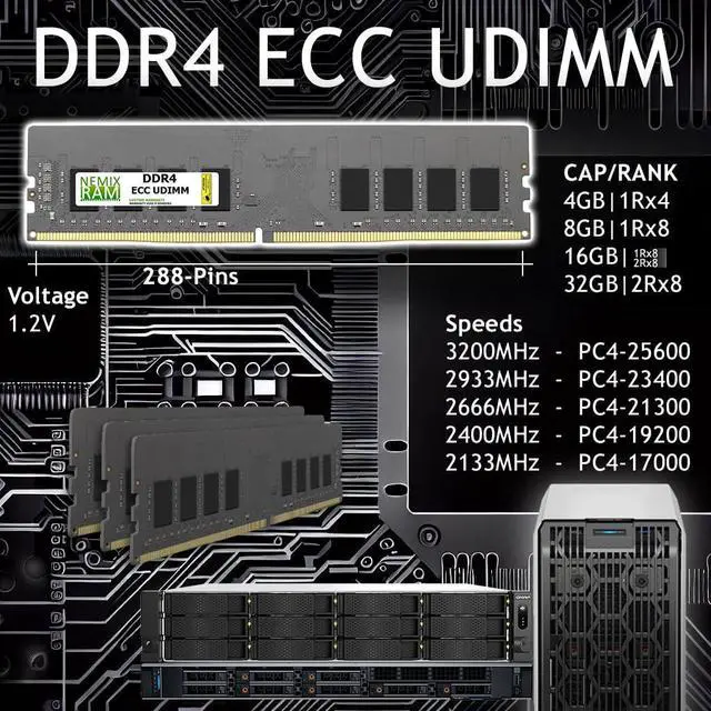 Alt view image 2 of 5 - NEMIX RAM 128GB (4X32GB) DDR4 3200MHZ PC4-25600 2Rx8 1.2V CL22 288-PIN ECC Unbuffered UDIMM KIT Compatible with Dell PowerEdge R350 Rack Server