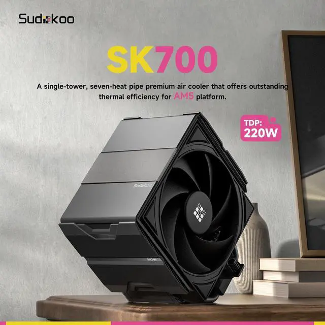 Alt view image 2 of 5 - Sudokoo Sudokoo SK700 AM5 CPU Cooler, AM5 Exclusive, 7 Heatpipes CPU Air Cooler, Single Tower, 120mm FDB PWM Fan, Full RAM Freedom, L-Rail Lock Mount, 5 Years Warranty, Black,PC Cooler