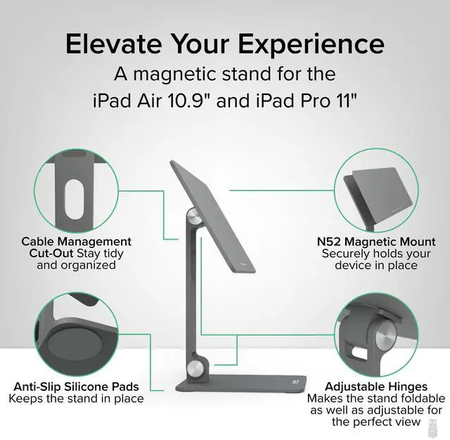 Alt view image 2 of 5 - Plugable Magnetic Tablet Holder for iPad Pro 11 (1st/2nd/3rd/4th Gen, M2) iPad Air 10.9/11 (4th/5th Gen, M2), MagSafe Compatible, Portable Foldable 360° Rotating Stand (AMS-STAND11)