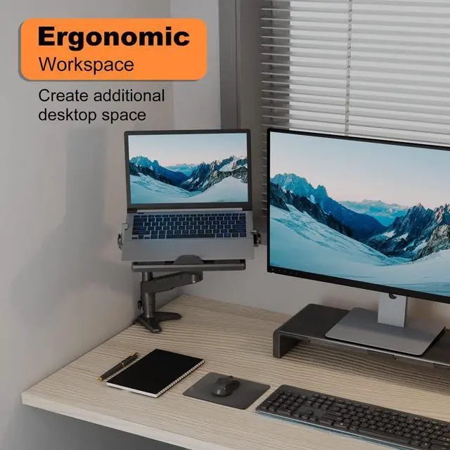 Alt view image 3 of 5 - Klearlook 2in1 Laptop Stand - Full Motion Monitor Mount with Adjustable Tray & Extension Arm, VESA Plate 75x75/100x100mm, Clamp & Grommet Mounting