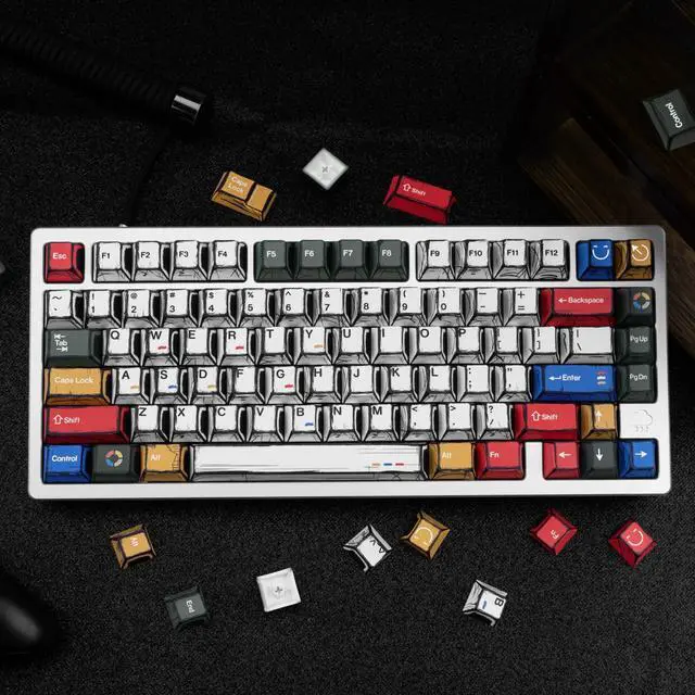 Alt view image 2 of 5 - JOLINTAL Retro Light Manga Keycaps 136 Keys, Japanese Manga Theme PBT Keycaps, Dye-sub Cherry Profile Black White Minimalist Keycap Set Fit for 61/64/87/104/108 Cherry MX Switches Mechanical Keyboard