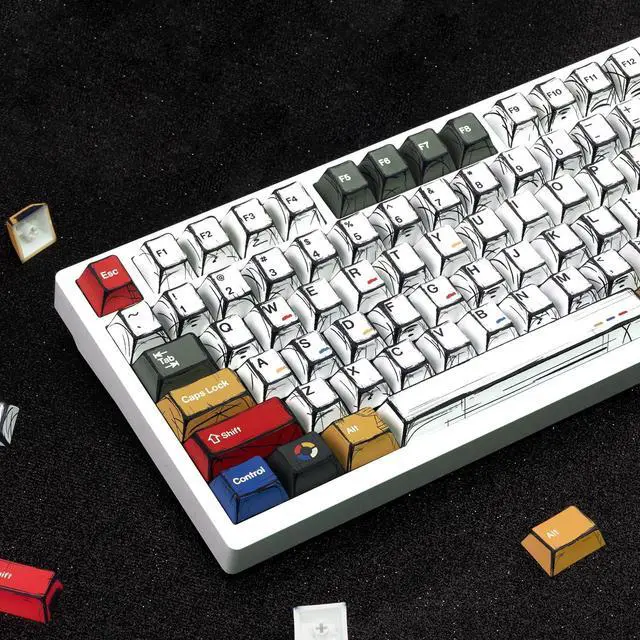 Alt view image 4 of 5 - JOLINTAL Retro Light Manga Keycaps 136 Keys, Japanese Manga Theme PBT Keycaps, Dye-sub Cherry Profile Black White Minimalist Keycap Set Fit for 61/64/87/104/108 Cherry MX Switches Mechanical Keyboard