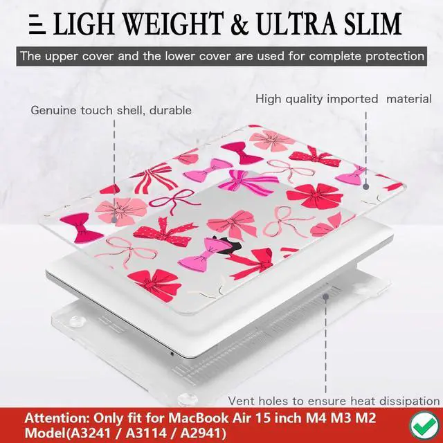 Alt view image 4 of 5 - CISSOOK Compatible with MacBook Air 15 inch Case 2025 2024 2023 Release Model A3241 M4 A3114 M3 A2941 M2, Plastic Hard Shell Case Keyboard Cover Screen Protector USB Adapter, Pink Bows