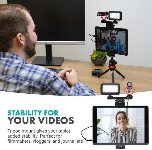 Alt view image 2 of 5 - Movo Tablet Vlogging Kit for iPad - iPad Vlogging Kit with Tablet Holder, Compact Tripod, Microphone, LED Light, Cold Shoe Extension - YouTube Starter Kit with iPad Tripod Mount for Video Recording