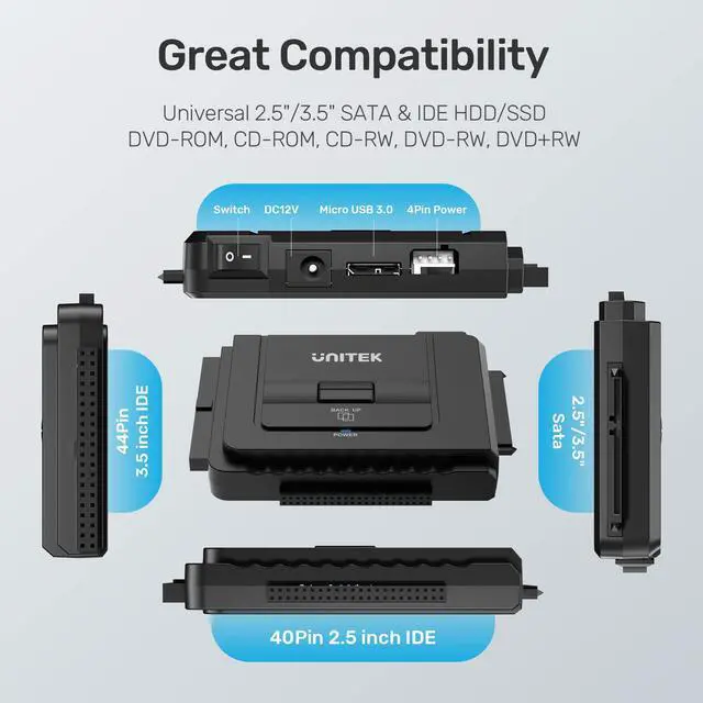Alt view image 5 of 5 - Unitek USB C to IDE and SATA Converter External Hard Drive Adapter Kit for Universal 2.5/3.5 HDD/SSD Hard Drive Disk, One Touch Backup Function, Included 12V/2A Power Adapter