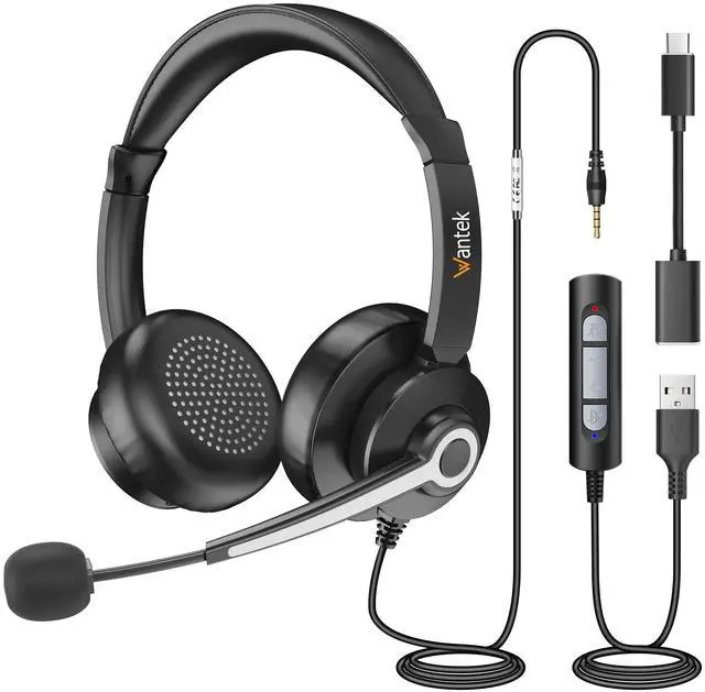 Main image of Wantek USB & 3.5mm Headset with Mic for PC/Laptop,Wired Headset with Noise-Cancelling Microphone & Audio Controls Perfect for Home Office Online Class Skype Zoom Call Center Webinar,All Day Comfort