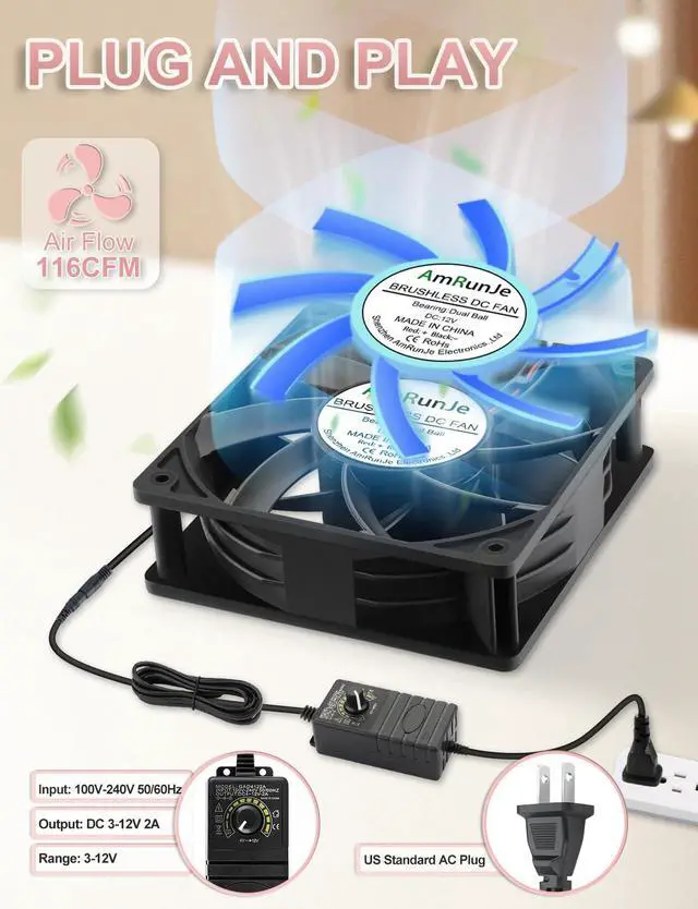 Alt view image 3 of 5 - AmRunJe 120mm Computer Fan with Variable Speed Controller AC Low Watt 110V 120V 220V 240V for Gaming, PC Case, Greenhouse, Mining Rig, Green Tent Cooling Ventilation Exhaust Projects