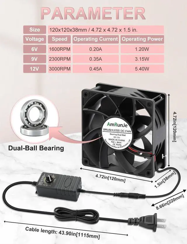 Alt view image 4 of 5 - AmRunJe 120mm Computer Fan with Variable Speed Controller AC Low Watt 110V 120V 220V 240V for Gaming, PC Case, Greenhouse, Mining Rig, Green Tent Cooling Ventilation Exhaust Projects