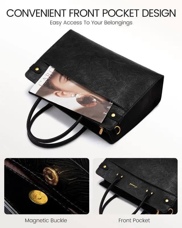 Alt view image 2 of 5 - LOVEVOOK Laptop Tote Bag For Women Work, Vintage Leather Computer Bags For Laptops For Women, Waterproof Laptop Bag Business Briefcase Office Large Shoulder Handbag Purse, 15.6 Inch, Black Embossed