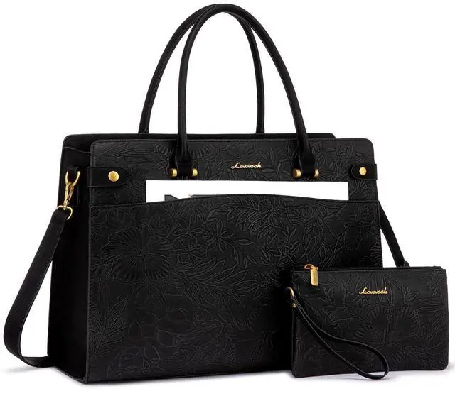Main image of LOVEVOOK Laptop Tote Bag For Women Work, Vintage Leather Computer Bags For Laptops For Women, Waterproof Laptop Bag Business Briefcase Office Large Shoulder Handbag Purse, 15.6 Inch, Black Embossed