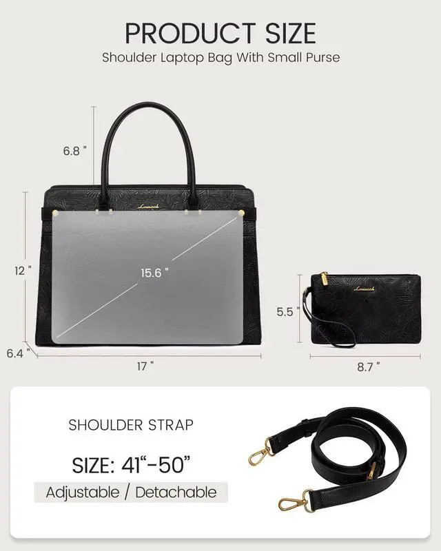Alt view image 3 of 5 - LOVEVOOK Laptop Tote Bag For Women Work, Vintage Leather Computer Bags For Laptops For Women, Waterproof Laptop Bag Business Briefcase Office Large Shoulder Handbag Purse, 15.6 Inch, Black Embossed