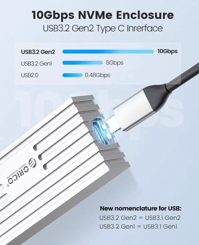 Alt view image 2 of 5 - ORICO 10Gbps NVMe SSD Enclosure, M.2 to USB-C Adapter for NVMe M-Key 4TB SSD 2280, Aluminum M2 External SSD Case, Compatible with Thunderbolt 3/4 USB3.2/3.1/3.0/Type - M232-Grey