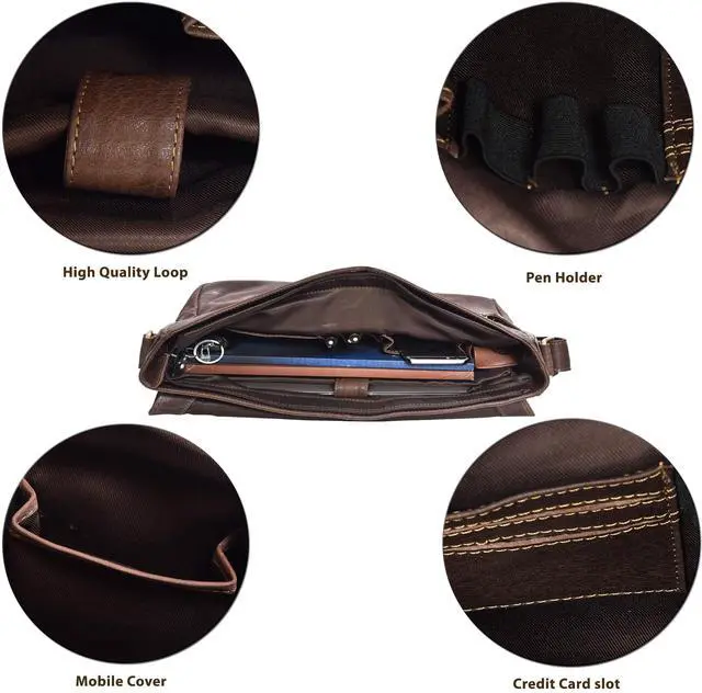 Alt view image 5 of 5 - VALENCHI Leather Messenger Bag For Men, Women - 14" Leather Laptop Messenger Briefcase & Shoulder Bag - Office, Work, College, Casual - Gift For Him, Her - Father's day (Brown Trumble)