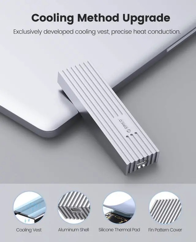 Alt view image 3 of 5 - ORICO 10Gbps NVMe SSD Enclosure, M.2 to USB-C Adapter for NVMe M-Key 4TB SSD 2280, Aluminum M2 External SSD Case, Compatible with Thunderbolt 3/4 USB3.2/3.1/3.0/Type - M232-Grey