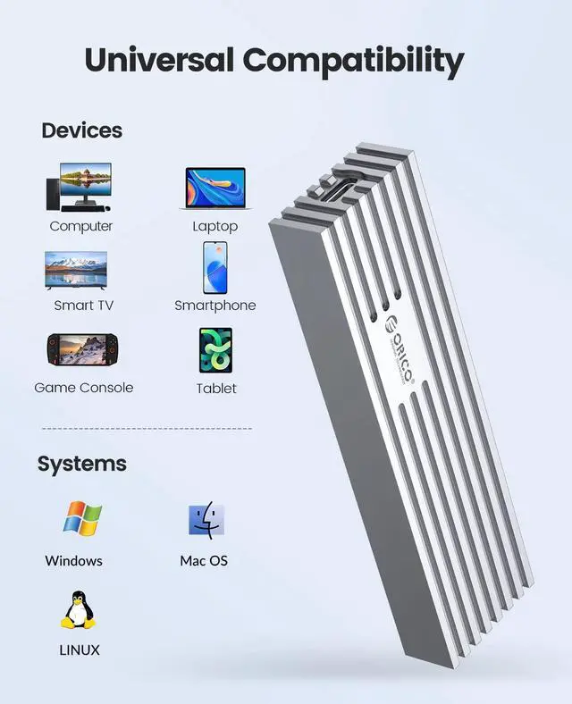 Alt view image 5 of 5 - ORICO 10Gbps NVMe SSD Enclosure, M.2 to USB-C Adapter for NVMe M-Key 4TB SSD 2280, Aluminum M2 External SSD Case, Compatible with Thunderbolt 3/4 USB3.2/3.1/3.0/Type - M232-Grey