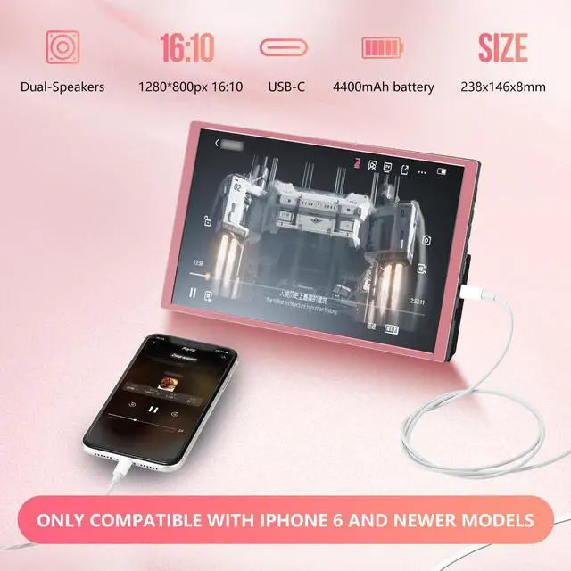 Alt view image 5 of 5 - G-STORY 10.1" Digital Picture Frame Portable Monitor for iPhone,3 Hour Built-in Battery, Lightweight one Cable Transform to Large Screen Streaming,Large Digital Photo Frame 1280 * 800(Pink)