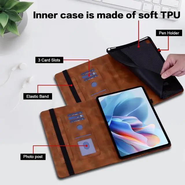 Alt view image 3 of 5 - TUOLISG Case for iPad (A16) 11th Generation 11 Inch (2025), iPad 10th Generation 10.9 Inch (2022), Embossed PU Leather Case with Elastic Band, Pencil Holder & Card Slots - Brown