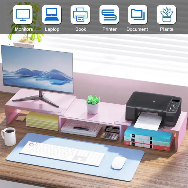 Alt view image 3 of 5 - OUTIOE Dual Monitor Stand for Desk, Metal Monitor Riser, Pink office Supplies and Accessories (Pink)