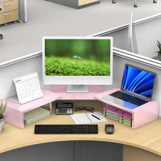 Alt view image 5 of 5 - OUTIOE Dual Monitor Stand for Desk, Metal Monitor Riser, Pink office Supplies and Accessories (Pink)