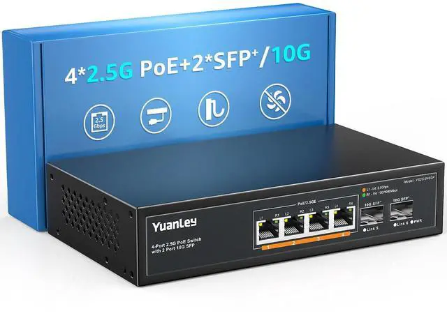 Main image of YuanLey 6 Port 2.5G PoE Switch Unmanaged, 4 x 2.5G Base-T PoE Ports, 2 x 10G SFP, IEEE802.3af/at, 78W, Compatible with 100/1000/2500Mbps, Metal Fanless, Desktop/Wall Mount 2.5Gbe Network Switch
