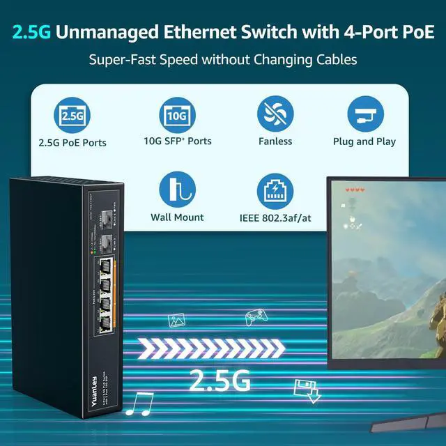 Alt view image 2 of 5 - YuanLey 6 Port 2.5G PoE Switch Unmanaged, 4 x 2.5G Base-T PoE Ports, 2 x 10G SFP, IEEE802.3af/at, 78W, Compatible with 100/1000/2500Mbps, Metal Fanless, Desktop/Wall Mount 2.5Gbe Network Switch