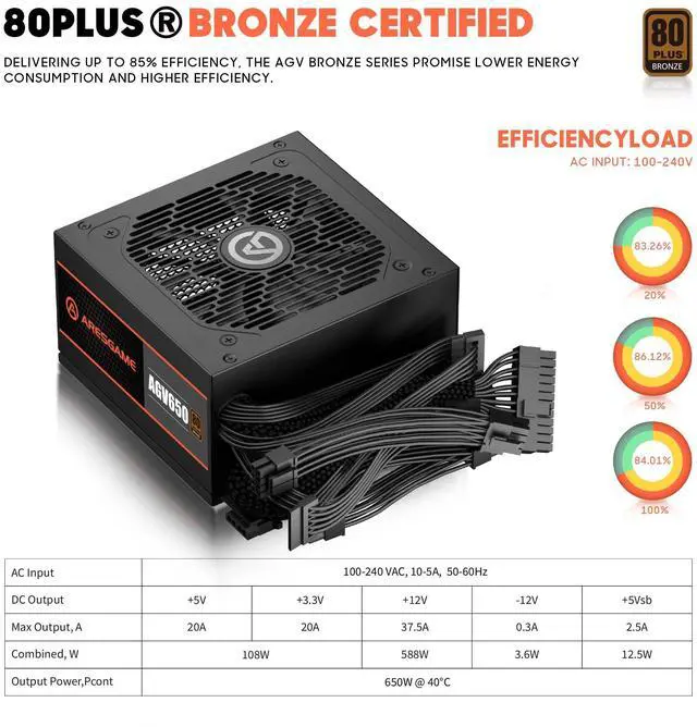 Alt view image 2 of 5 - ARESGAME AGV Series 650W Power Supply, 80 Plus Bronze Certified, Non Modular Power Supply, 5 Year Warranty