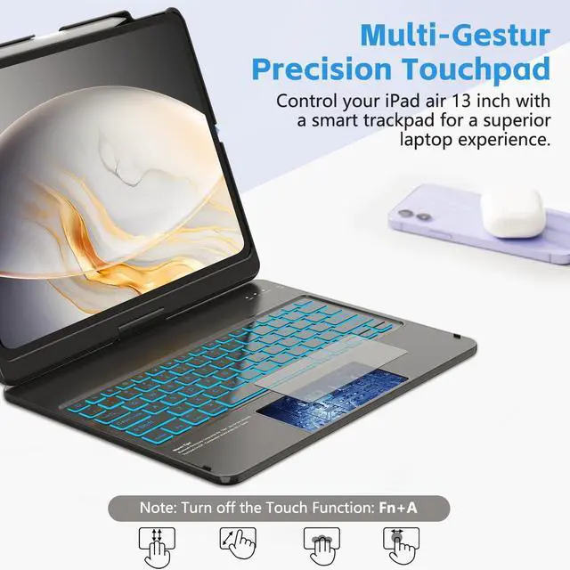 Alt view image 3 of 5 - FUWANG Touch Keyboard Case for iPad Air 13 inch (M3 2025/M2 2024)and iPad Pro 12.9 6th 5th 4th 3rd Gen, 360° Rotate 7 Colors Backlit for iPad Air 13 inch Case Keyboard with Multi-Touch Trackpad, Black