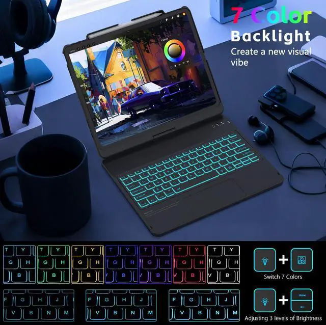 Alt view image 4 of 5 - FUWANG Touch Keyboard Case for iPad Air 13 inch (M3 2025/M2 2024)and iPad Pro 12.9 6th 5th 4th 3rd Gen, 360° Rotate 7 Colors Backlit for iPad Air 13 inch Case Keyboard with Multi-Touch Trackpad, Black