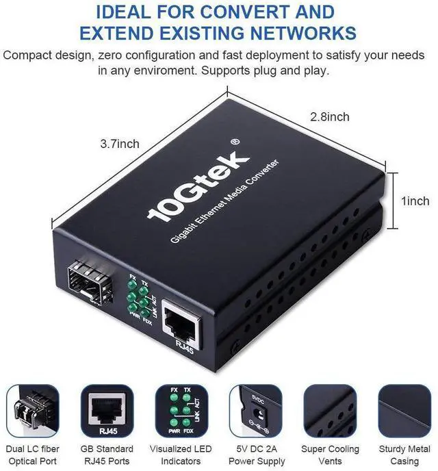 Alt view image 2 of 5 - 10Gtek Gigabit Ethernet Media Converter with a 1000Base-SX Module Included, MMF Dual LC Fiber to Ethernet RJ45 Converter for 10/100/1000Base-Tx to 1000Base-SX, UL Certified, up to 550m