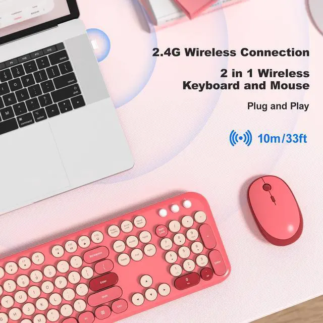 Alt view image 2 of 5 - MOFII Wireless Keyboard and Mouse Combo, Full-Size Retro Typewriter-Style Wireless Keyboard with Optical Mouse for Computer/Laptop/Windows/Mac-Rose Red Colorful