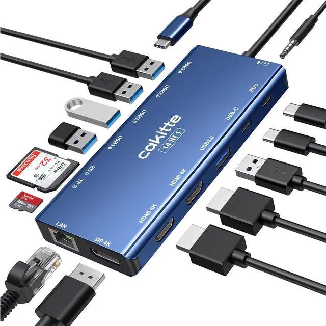 Main image of USB C Laptop Docking Station, cakitte 14 in 1 Type C Hub Multiport Adapter with 3 Monitors, Dual HDMI, DP, Ethernet, SD/TF, Mic/Audio, PD,Compatible for MacBook Dell HP Lenovo (Blue)